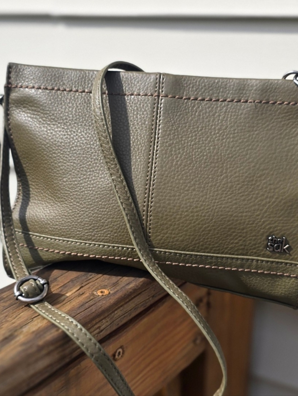 THE SAK Leather Iris Demi Clutch with Adjustable Crossbody Strap Sage Green